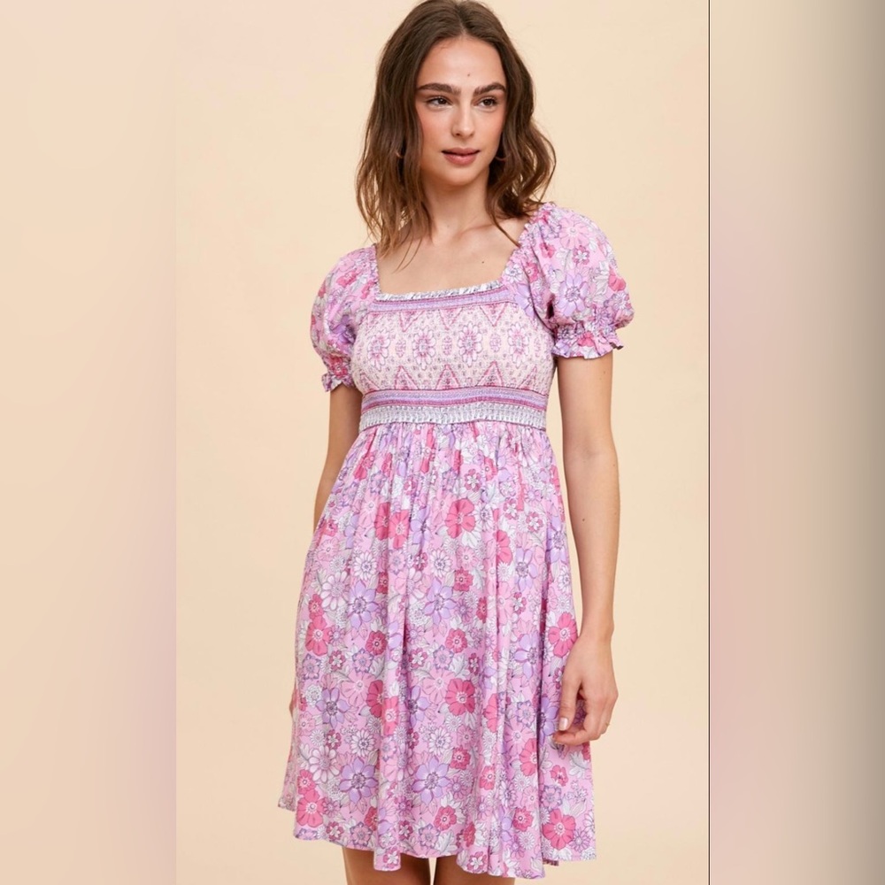 Aniky Pink Border Print Smocked Mini Dress